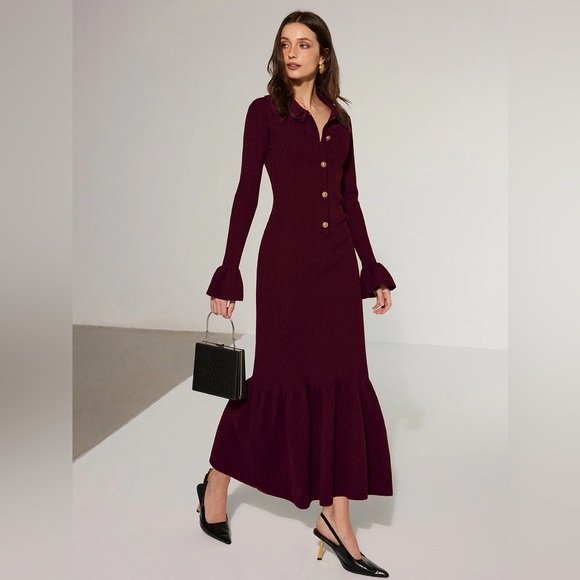 Commense Dresses & Skirts - Commense Long Sleeve Button-Front Maxi Dress in Deep Plum
